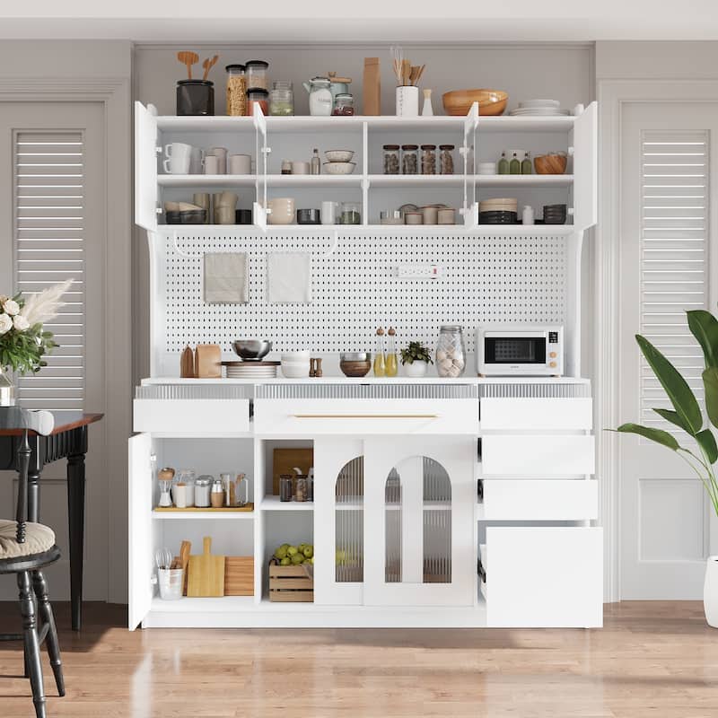 Roomfitters Freestanding 63" Buffet with Hutch and Power Outlet, Coffee Bar Storage Cabinet - White