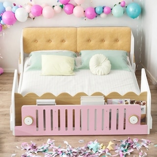 Full Size Car-Shaped Platform Bed with Soft Cushion Headboard and Footboard Shelves, White