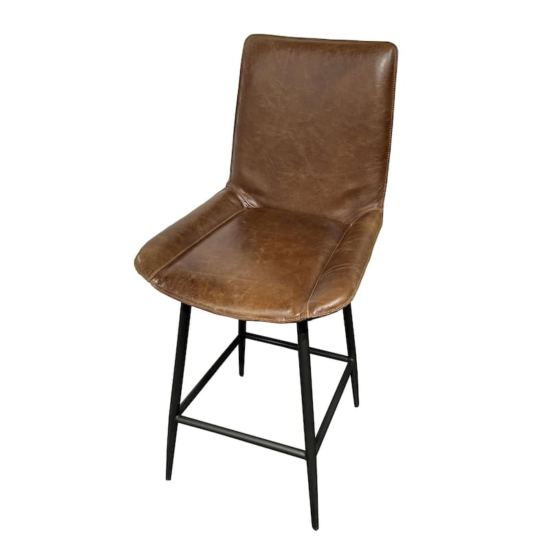 Swivel Counter Stool Chair, Brown Faux Leather Upholstery, Black Iron