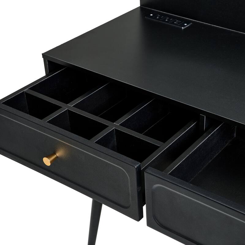 Modern Makeup Vanity Set with PU Cushioned Stool, Retractable Dressing Table Vanity Desk with Mirror, Light & Power Outlet