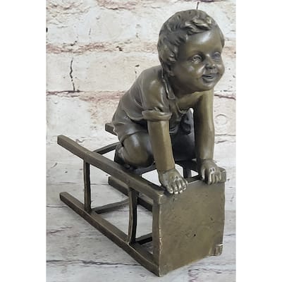 Baby Toddler Child Playing On A Stool Bronze Metal Sculpture Figurine Decor Art