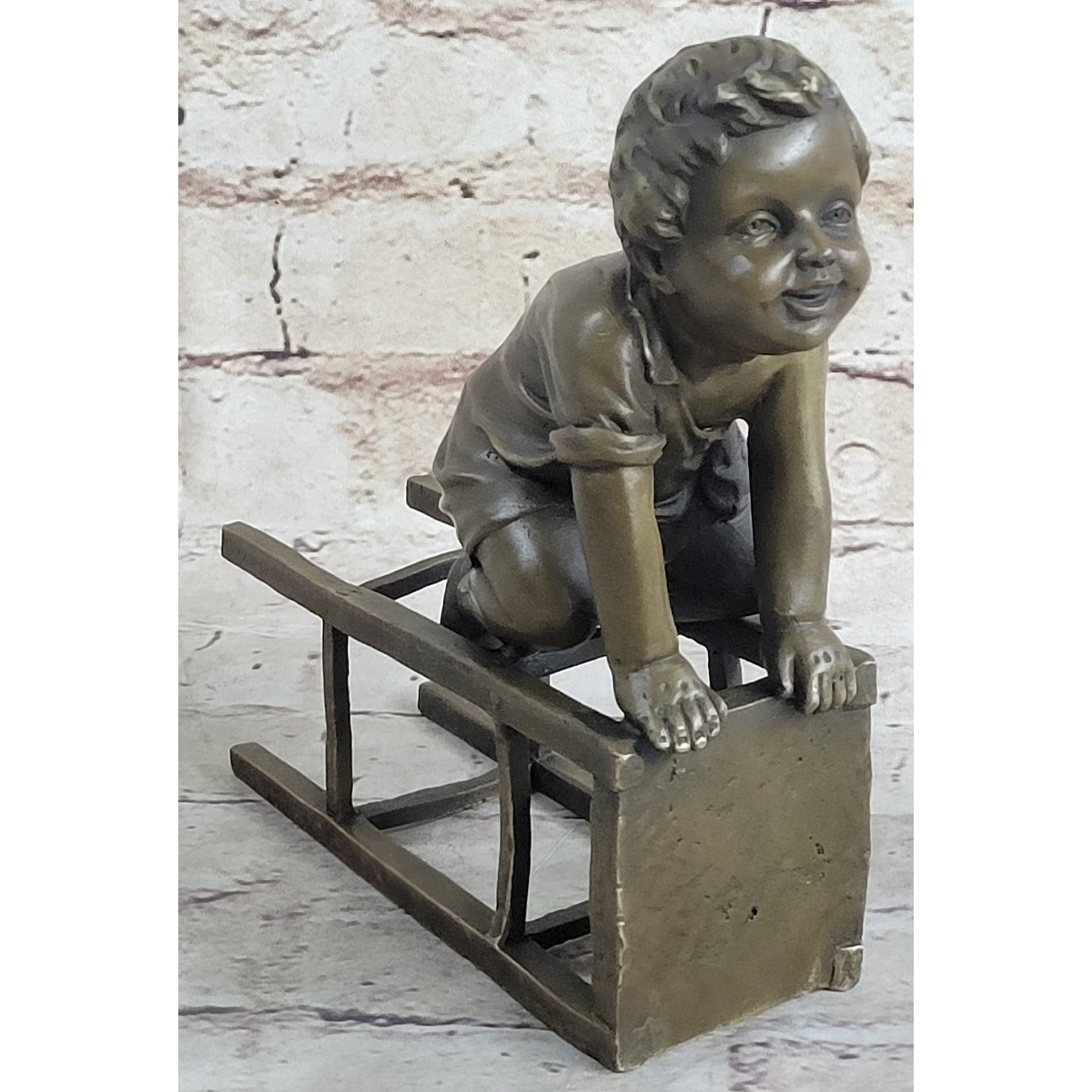 Baby Toddler Child Playing On A Stool Bronze Metal Sculpture Figurine Decor Art