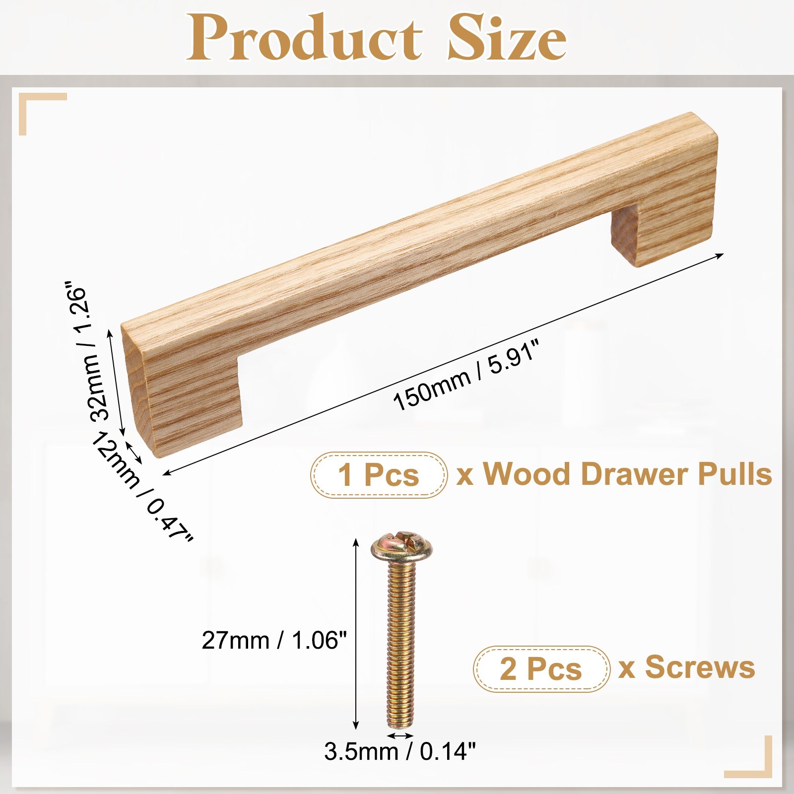 Wood Drawer Pulls, Hole Center Wooden Drawer Pulls Cabinet Handles with Screws for Wardrobes Door Cupboard