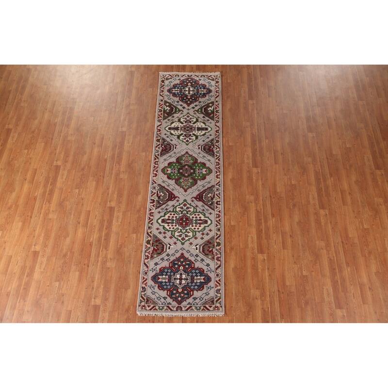 Geometric Grey Kazak Runner Rug Hand-Knotted Oriental Wool Carpet - 2'7"x 9'10"