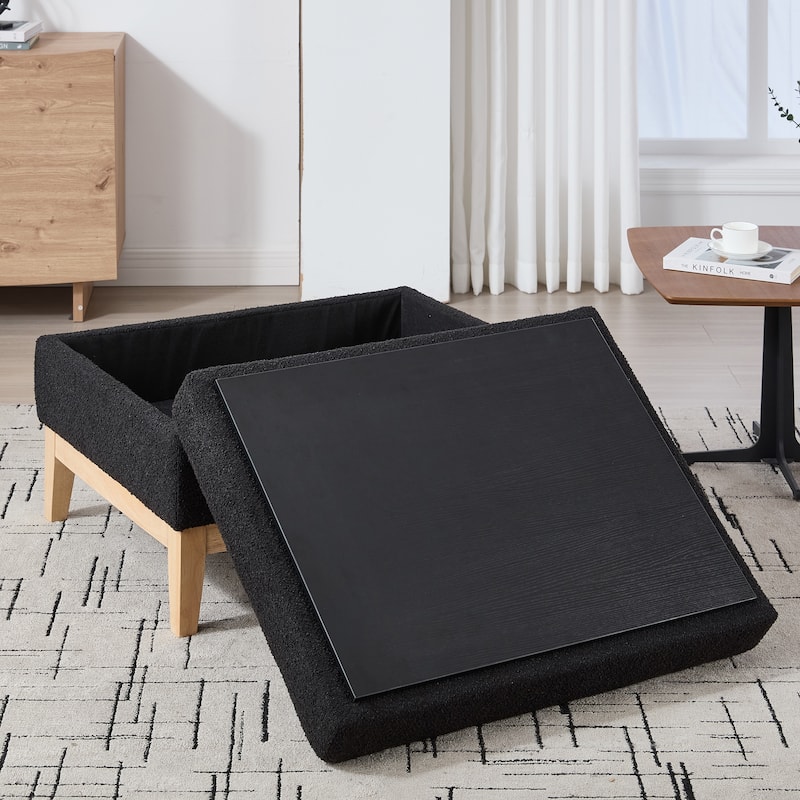 Roomfitters Storage Ottoman, Boucle Coffee Table Footstool with Reversible Lid and Wood Base for Living Room or Bedroom