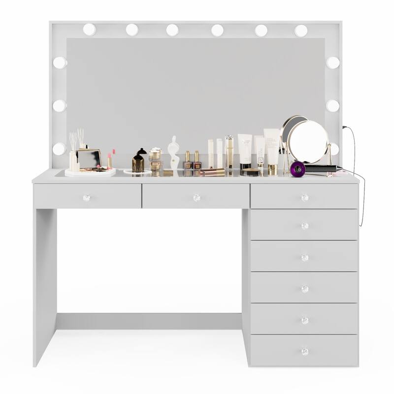 Hollywood Large Makeup Vanity Desk with 12 Light Bulbs; Modern Dressing Table with Multiple Storage Drawers & Crystal Knobs
