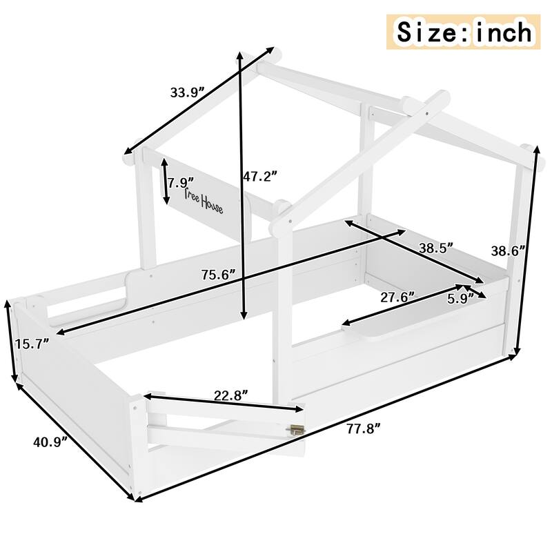 Montessori Floor Bed of 3 Kinds Size, House-shaped Platform Bed with Small Built-in Tray, Signboard and No Slats Design