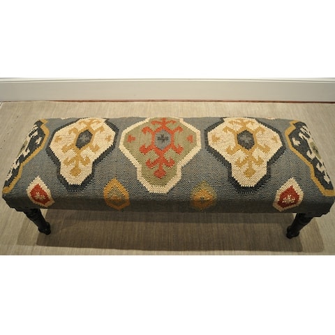Handmade Kilim Upholstered Wooden Bench (India) - 47" W x 15" L x 17" H