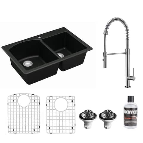 Karran All in One Drop-In Quartz 33 in. Double Bowl 60/40 Kitchen Sink in Black with KKF220 Faucet in Stainless Steel