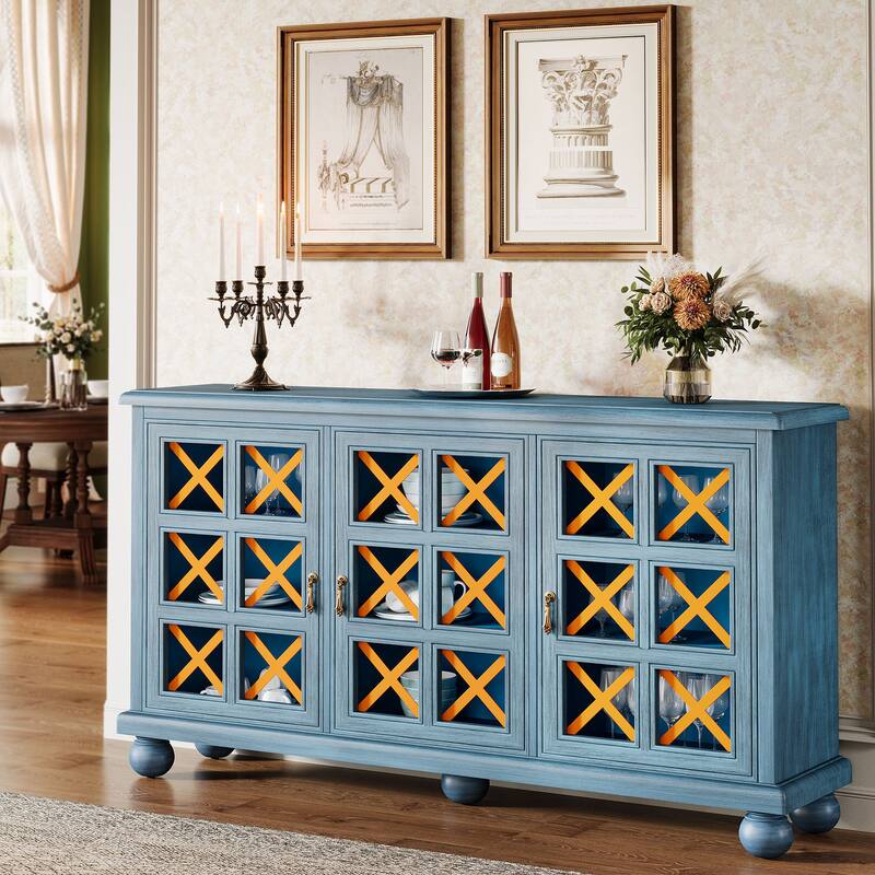 Blue Sideboard Buffet Cabinet with Storage and Doors for Living Room