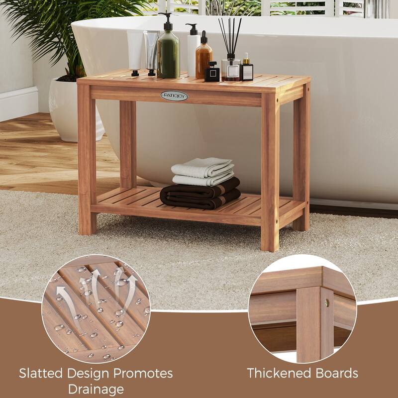 Gymax 24 Inch Teak Wood Shower Bench Inside Shower Stool w/ Storage