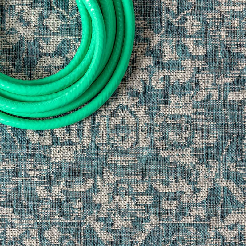 JONATHAN Y Medallion Textured Weave Indoor/Outdoor Area Rug - 2 X 8 - Teal/Gray