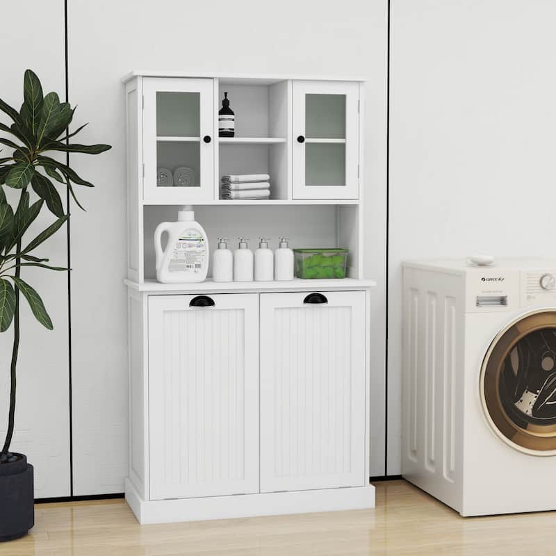 White 60 in. H Storage Cabinet, Two-Compartment Tilt-Out Dirty Laundry Basket Tall Bathroom Cabinet with 2 Adjustable Shelves