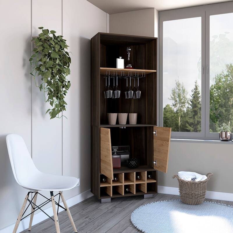 Corner Bar Cabinet for Living Room, Dark Oak / Pine