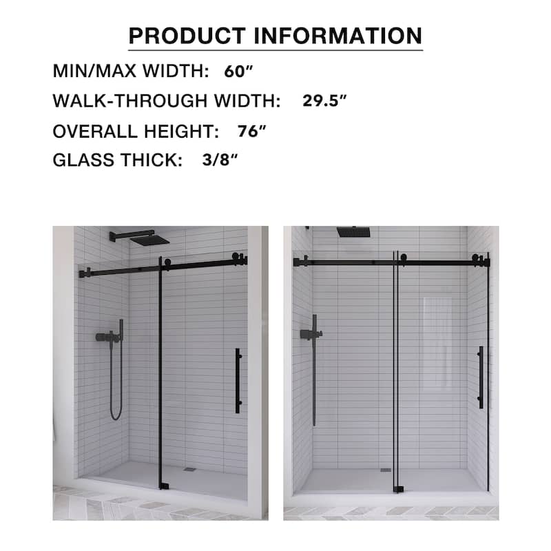 60 in. W x 76 in. H Frameless Single Sliding Shower Doors with Clear Tempered Glass - 60" x 76" in.