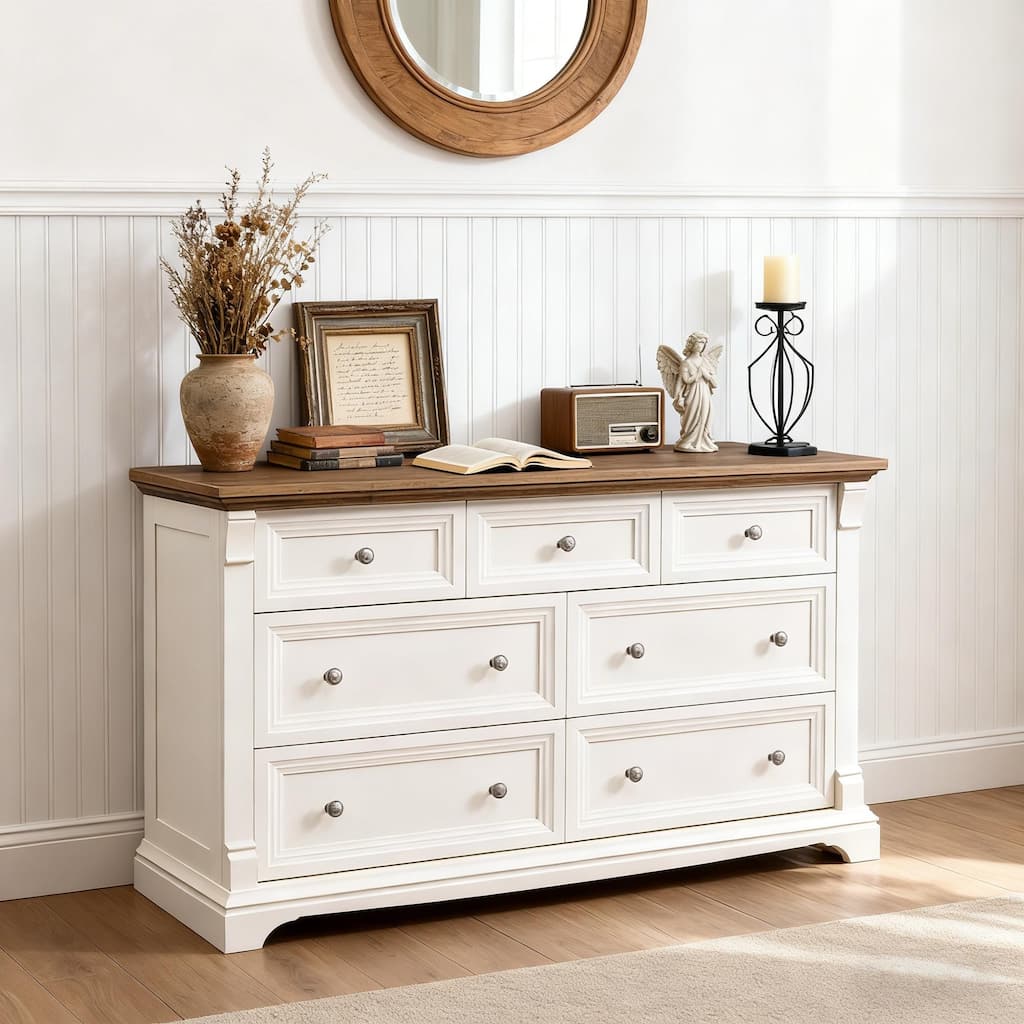 Farmhouse 7-Drawer Dresser for Bedroom, Wood Rustic Chest of Drawers