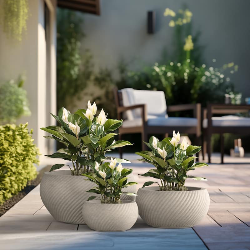Textured Concrete Round Plant Pots / Large Indoor and Outdoor flower Planters - 3 Piece Set (20, 15, 11.5 Inch Diameter) - Textured Light Gray