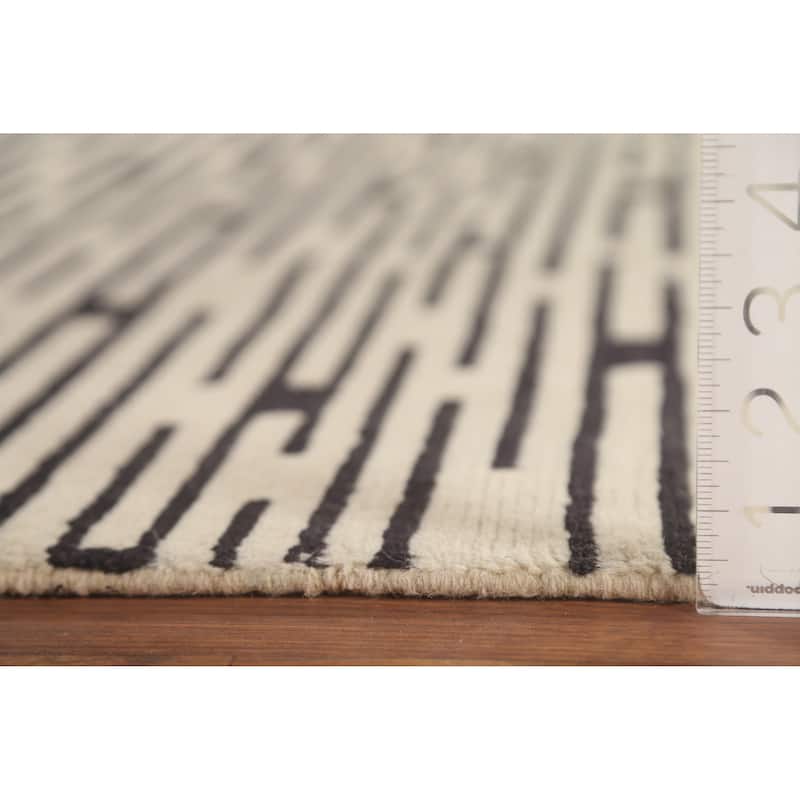 Striped Beige Nepalese Indian Area Rug Hand-Knotted Wool Carpet - 9'0" x 11'8"