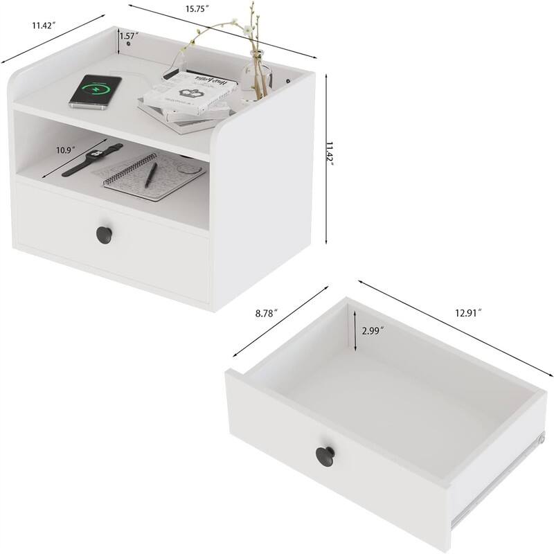 Floating Nightstand Set of 2 with Charging Station and Storage Drawer Wall Mounted - 11.5"D x 15.8"W x 11.5"H