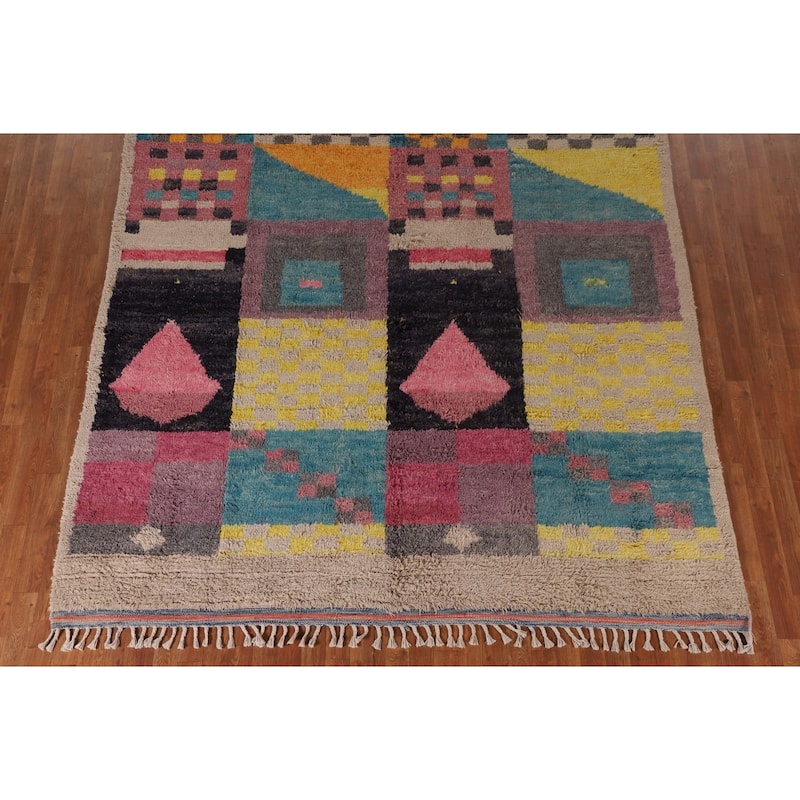 Geometric Plush Moroccan Oriental Area Rug Hand-Knotted Wool Carpet - 7'11" x 10'9"