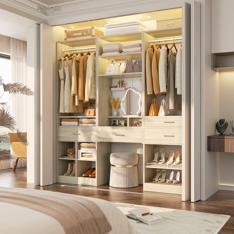Set of 3 75'' Closet System with Metal Pegboard ＆ Shoe Rack ＆ Hanging Rods ＆ 4 Drawers, Space-saving Walk-in Closet Organizer - White Oak