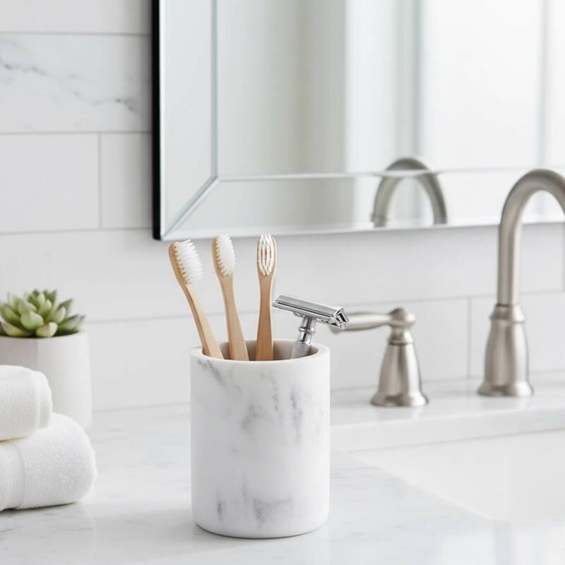 Marble Resin Toothbrush Holder - 2.10 L x 2.10 W x 3.8 H - White