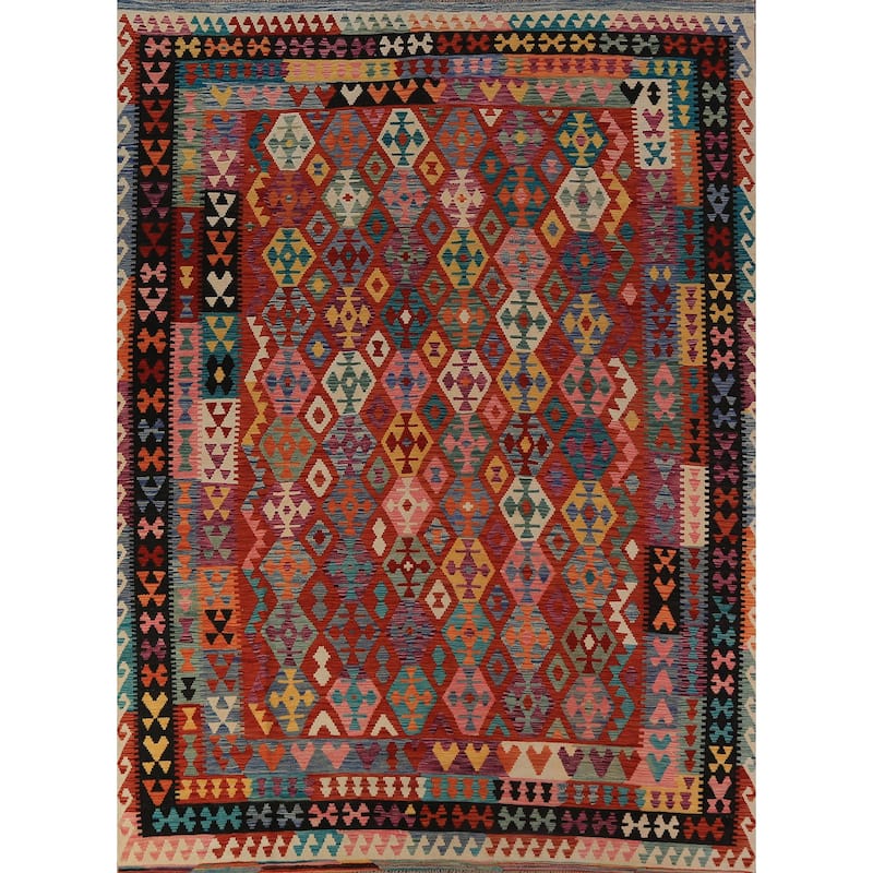 Geometric Kilim Oriental Area Rug Hand-Woven Multi-Color Wool Carpet - 8'1"x 11'1"