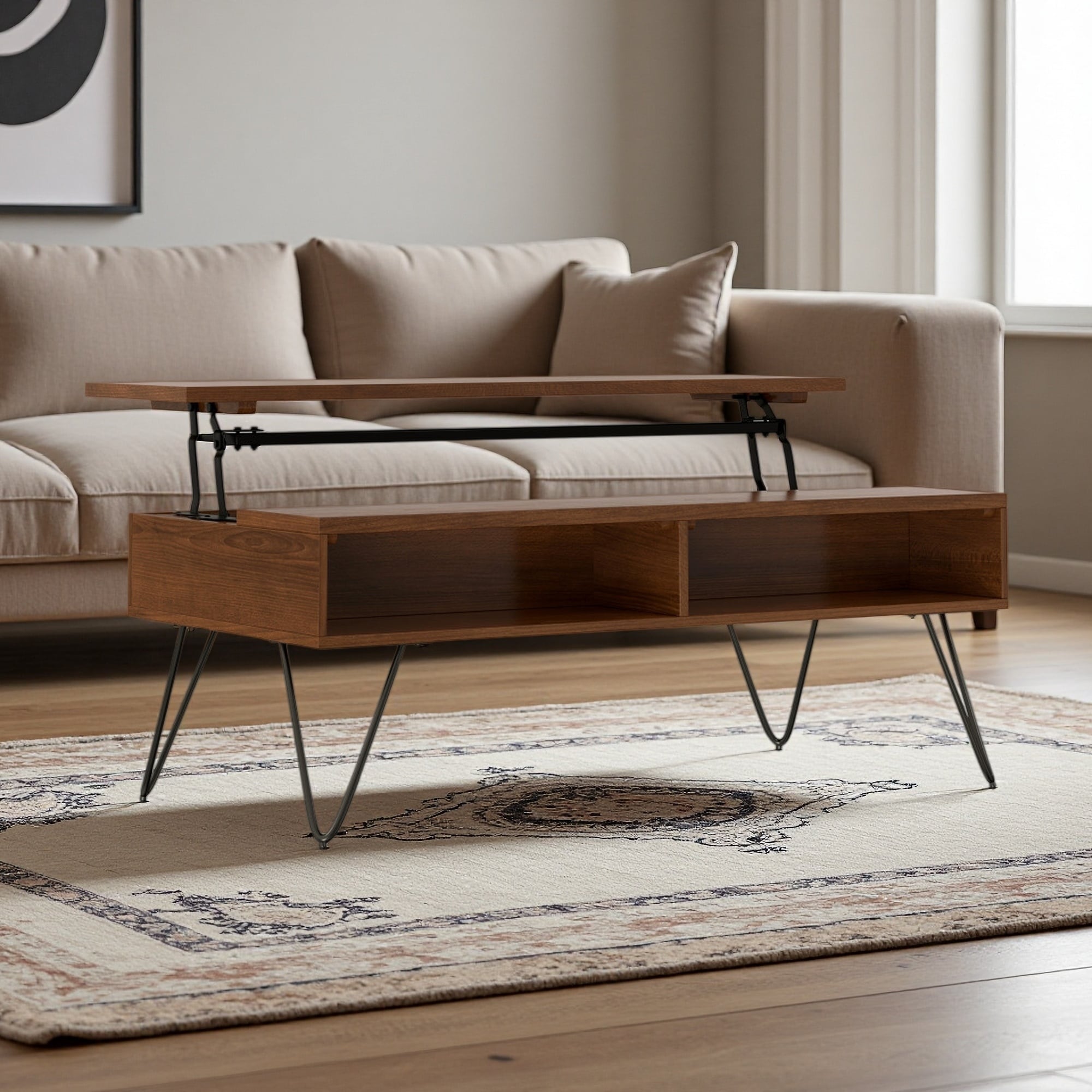 48" Solid Wood Lift Top Coffee Table, Storage Coffee Table with Hairpin Legs