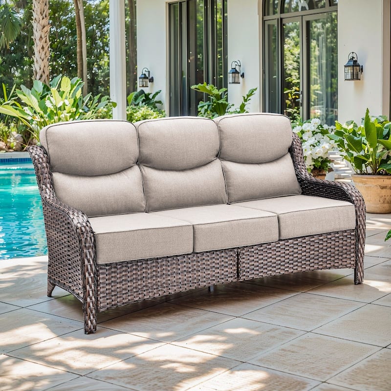 Gymojoy 72'' 3-Seat Outdoor Durable Sofa with 6-Inch Ultra-Plush Cushions & Water-Resistant Olefin Fabric - Brown Wicker / Beige Cusion - 1-Piece