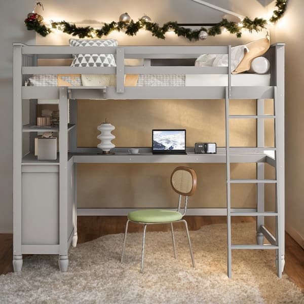 slide 2 of 15, Twin Size Wooden Loft Bed With Drawers And Desk,Shelves,Solid Construction Grey