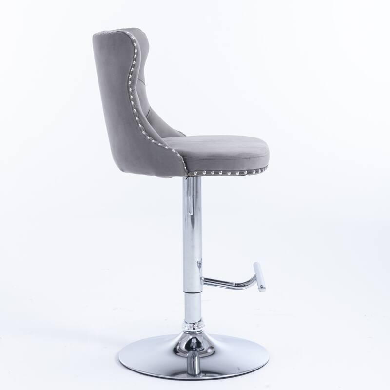 Bar Stool Set of 2, Gray Velvet Swivel Barstool Tufting Upholstered Counter Height Bar Stool Height Adjustable Armless Bar Chair
