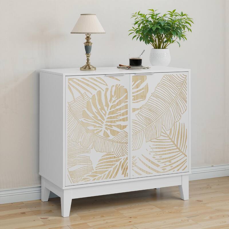Roomfitters Coastal Storage Cabinet with Tropical Leaf Pattern Doors, Sideboard Buffet Organizer with Wood Accents, White