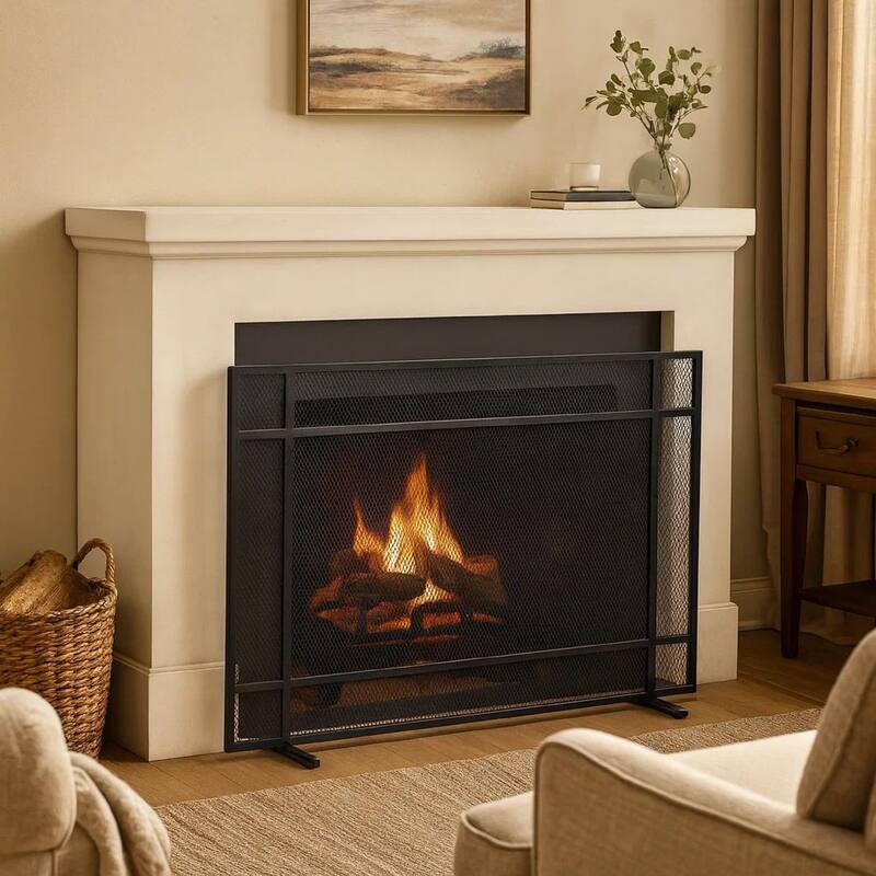 Hype Fireplace Screen with Mesh, Single Panel, Black and Silver