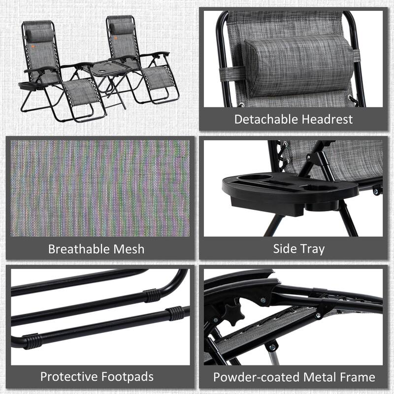 Outdoor Zero Gravity Chairs with Side Table, Set of 2 Folding Reclining Chairs with Cupholders & Pillows