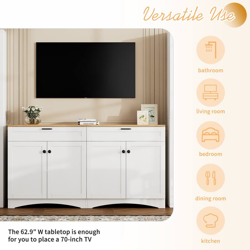 Farmhouse Style TV Stand Versatile Wood Grain Sideboard, for TVs up to 70 Inches with 2 Drawers, for Living Room/Bedroom, White