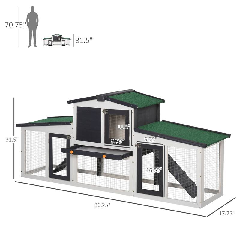 PawHut Large Rabbit Hutch with Double Runs, Wooden Guinea Pig Cage Outdoor, Bunny Cage with Removable Tray