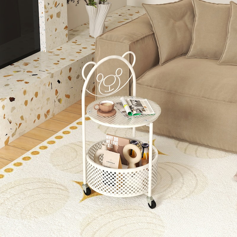 Gymax 2-Tier Mobile Glass Coffee Table w/ Bear Pattern Storage Basket