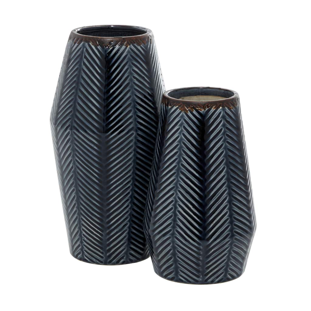 Ceramic Handmade Chevron Vase - Set of 2 Dark Blue - Roche River Decor - 6"W x 6"L x 11"H