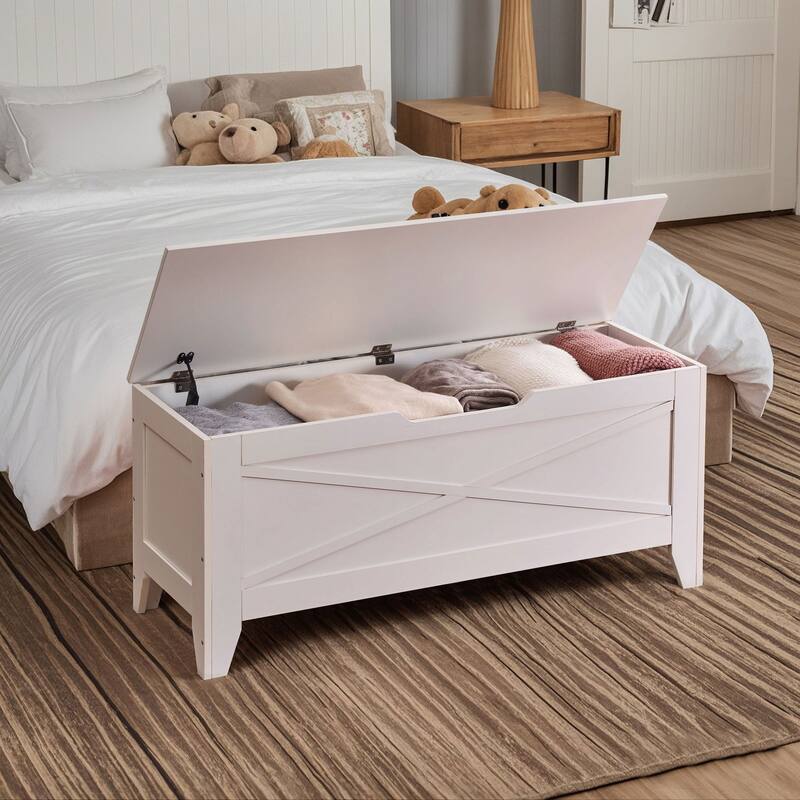 Storage Wooden Ottoman, Flip Top Ottoman Bench with Hand Weave Poufs Padded, Bed End Stool, Foot Rest for Living Room/Entryway