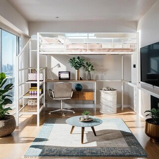Full Size Metal Loft Bed with Desk and Lateral Storage Ladder, White