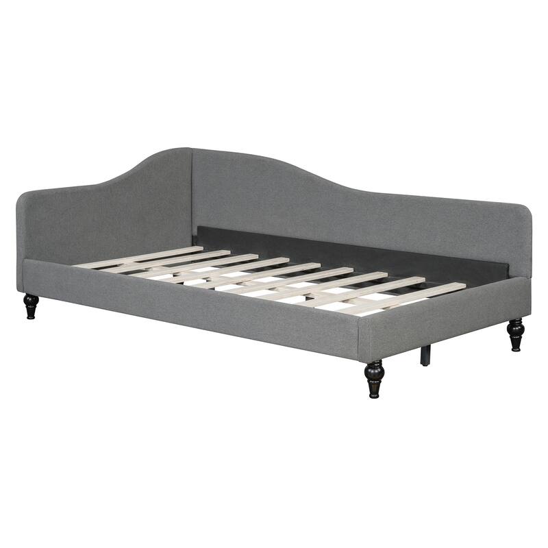 Twin/Full Size Upholstered Daybed, Linen Fabric Sofa Bed with Solid Wood Legs and L Shaped Backrest, Solid Wood Bedframe