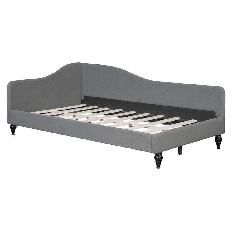 Twin Size L-Shaped Linen Daybed, with Solid Wood Legs, Beige