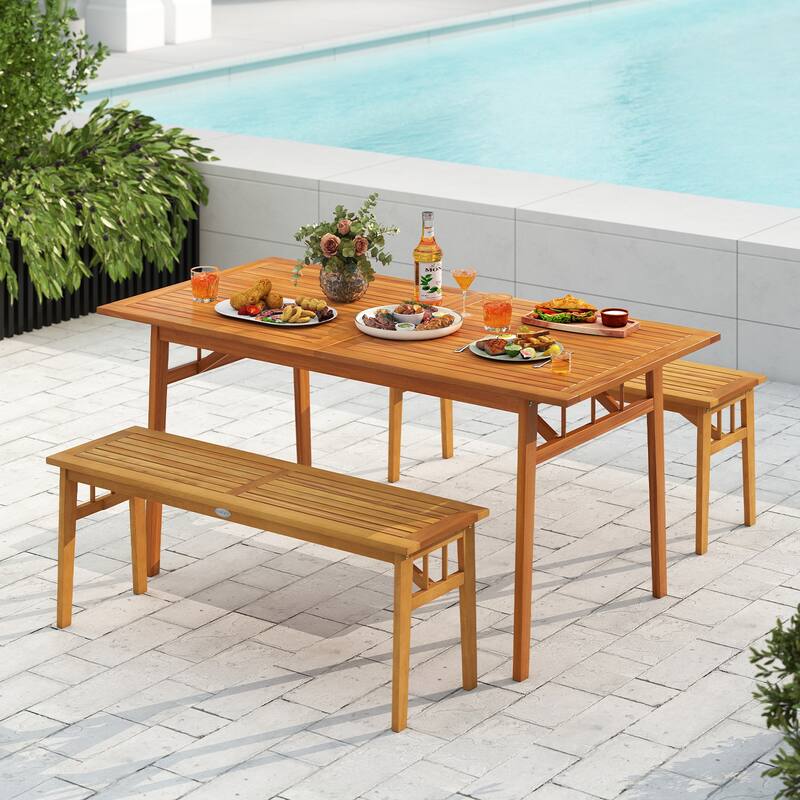 Gymax 2 PCS Acacia Wood Outdoor Bench 48'' Long Backless Wooden Picnic