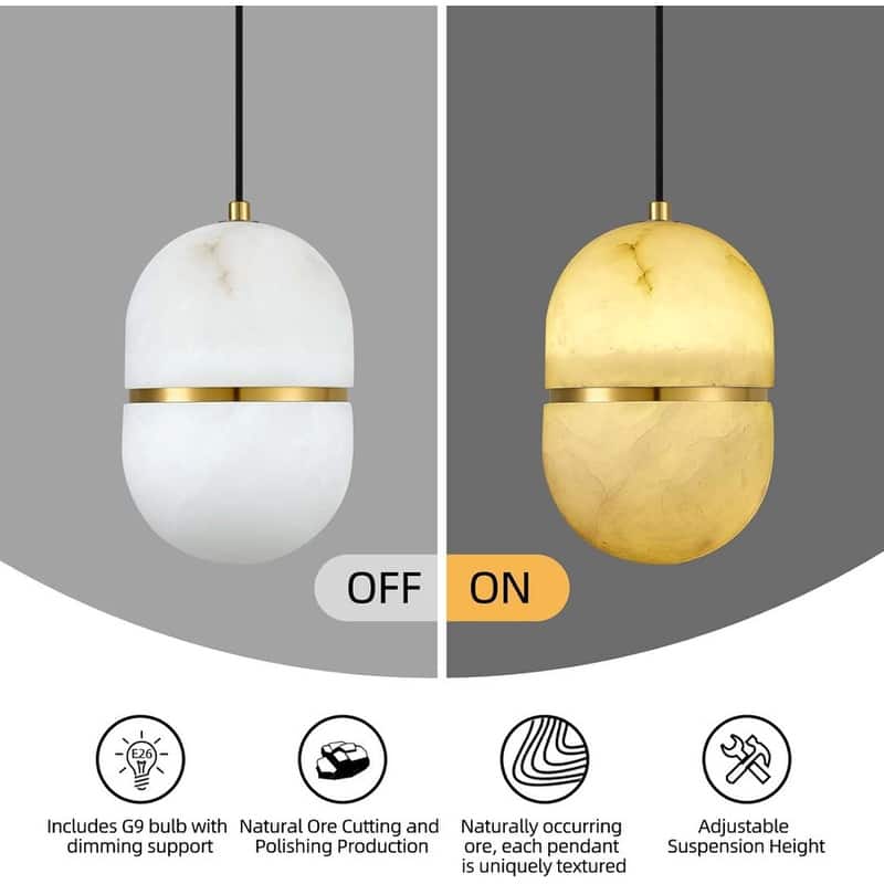 KAYLA Modern Indoor Pendant Lights Kitchen Island, Alabaster Single Pendant Hanging Light Fixture, Height Adjustable