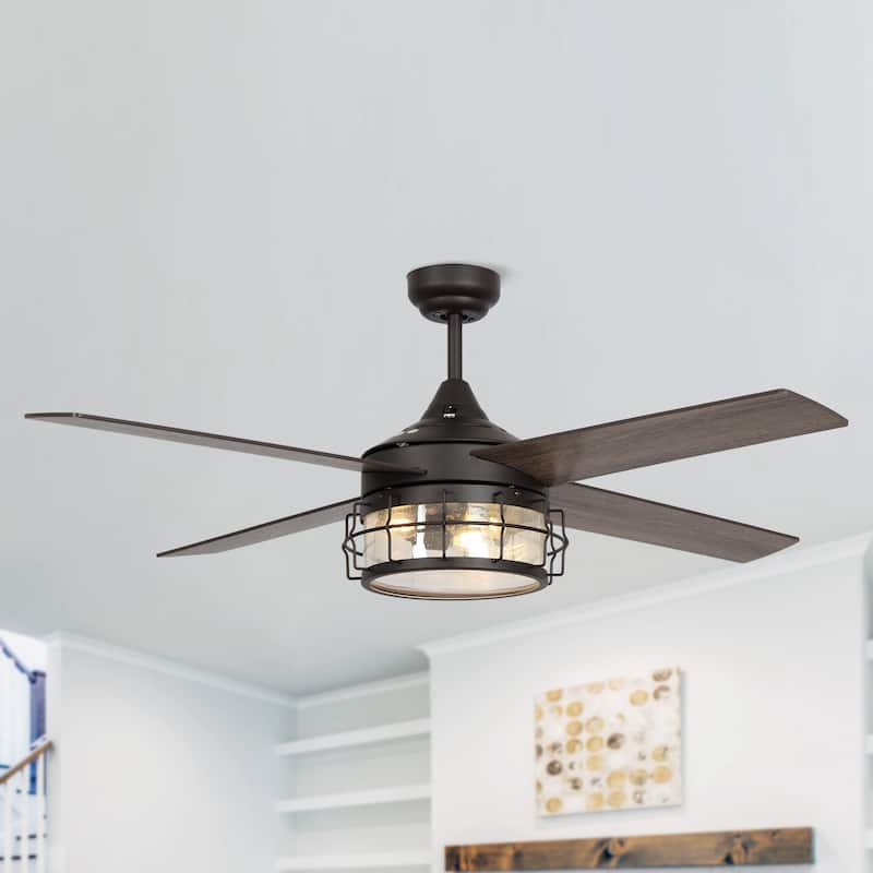 52" Indoor Oil Rubbed Bronze Downrod Mount Industry Ceiling Fan with Light and Remote Control - Size: D: 52 " x H:17" - Bronze/Oil-rubbed Bronze fixture finish - Remote