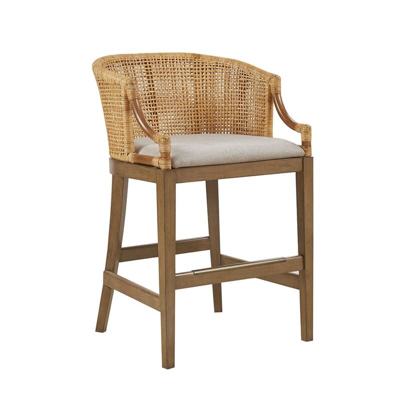 Roomfitters Playa 25-Inch Handcrafted Rattan Counter Stool, Upholstered Seat with Recessed Arms and Bronze Kickplate, Natural