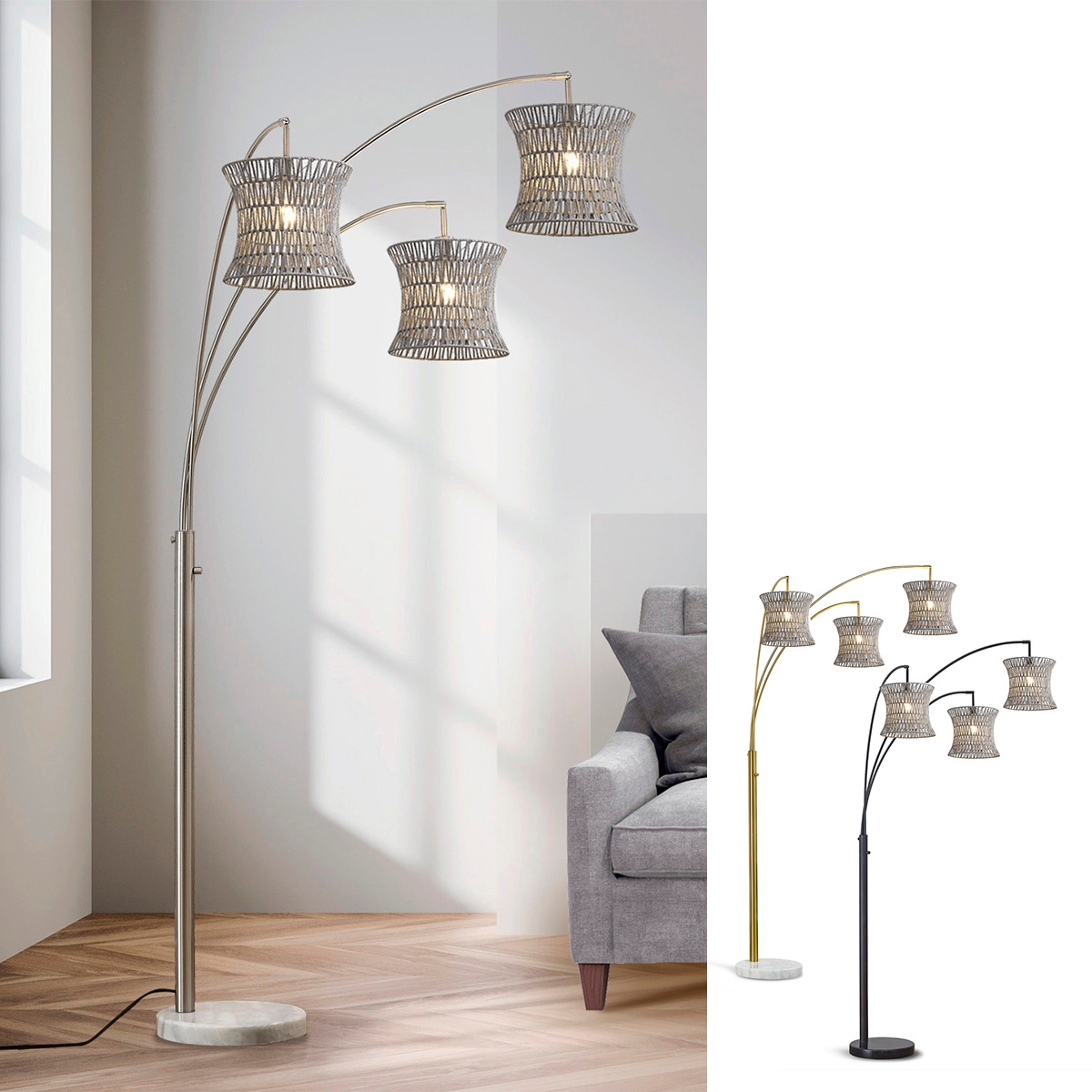 HOMEGLAM 83 3 Light Bell Woven Rattan Arched Floor Lamp