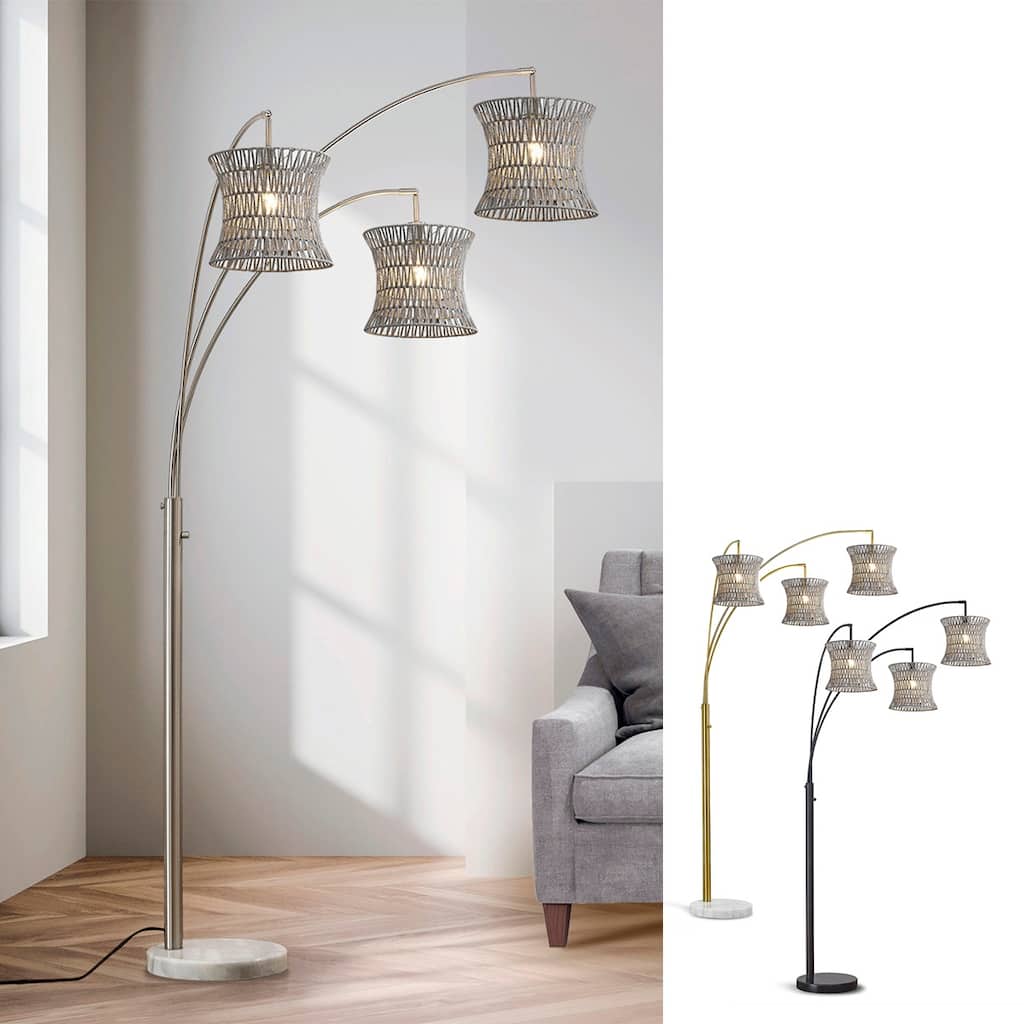 HOMEGLAM 83" 3-Light Bell Woven Rattan Arched Floor Lamp