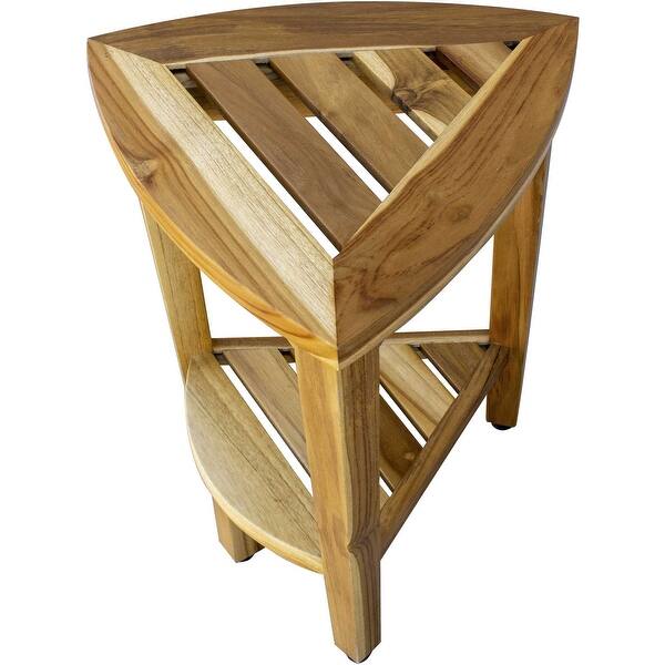 Compact Teak Corner Shower or Outdoor Bench with Shelf in Natural Finish Compact Teak Corner Shower or Outdoor Bench with Shelf in Natural Finish