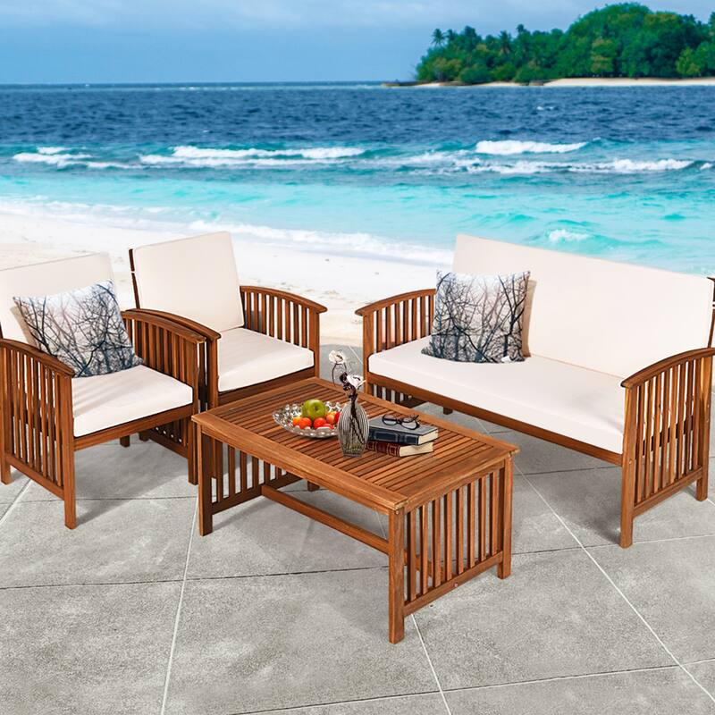 Costway 4PCS Patio Solid Wood Furniture Set Conversation Coffee Table - 4-Piece Sets